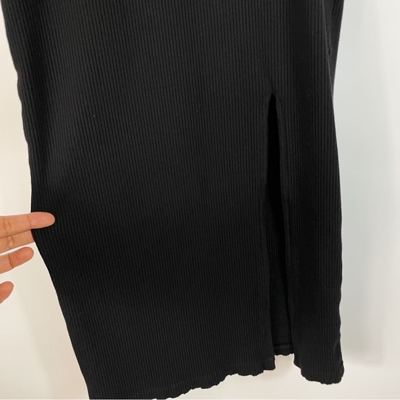 Black Ribbed Mock Neck Bodycon Long Sleeve Midi Dress Front Slit - Dynamite - Picture 4 of 7